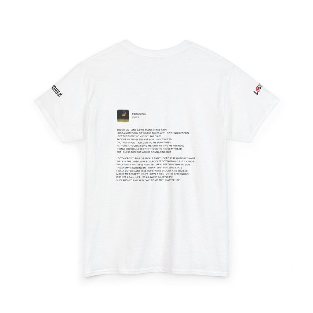 White Cxris Rain Check Tee — Lyric Print