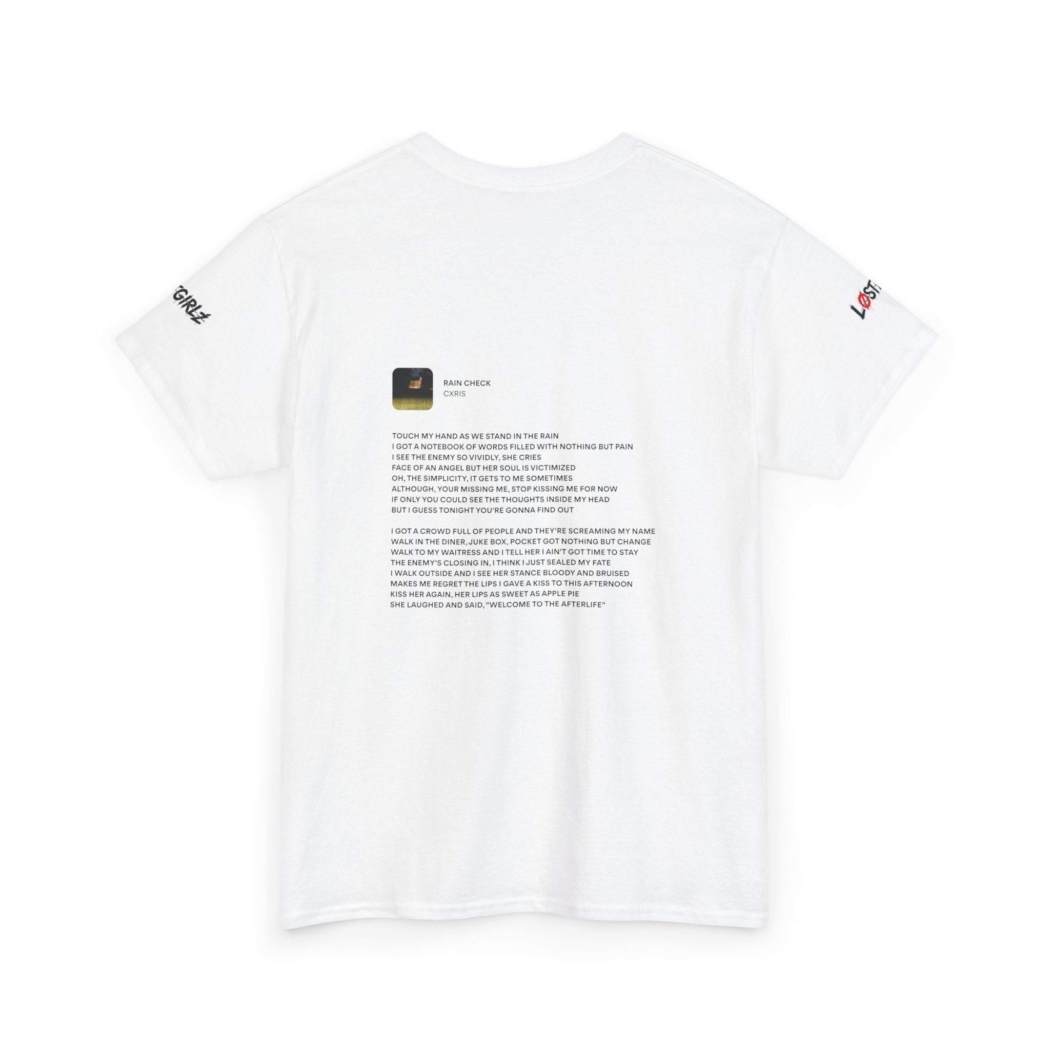 White Cxris Rain Check Tee — Lyric Print