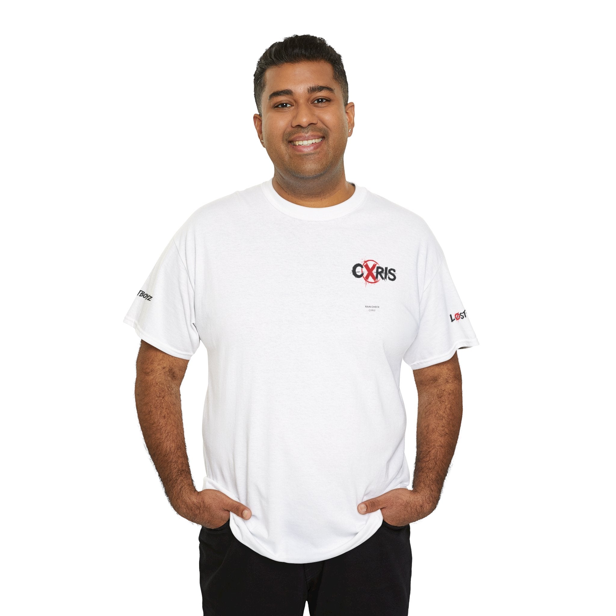 White Cxris Rain Check Tee — Lyric Print