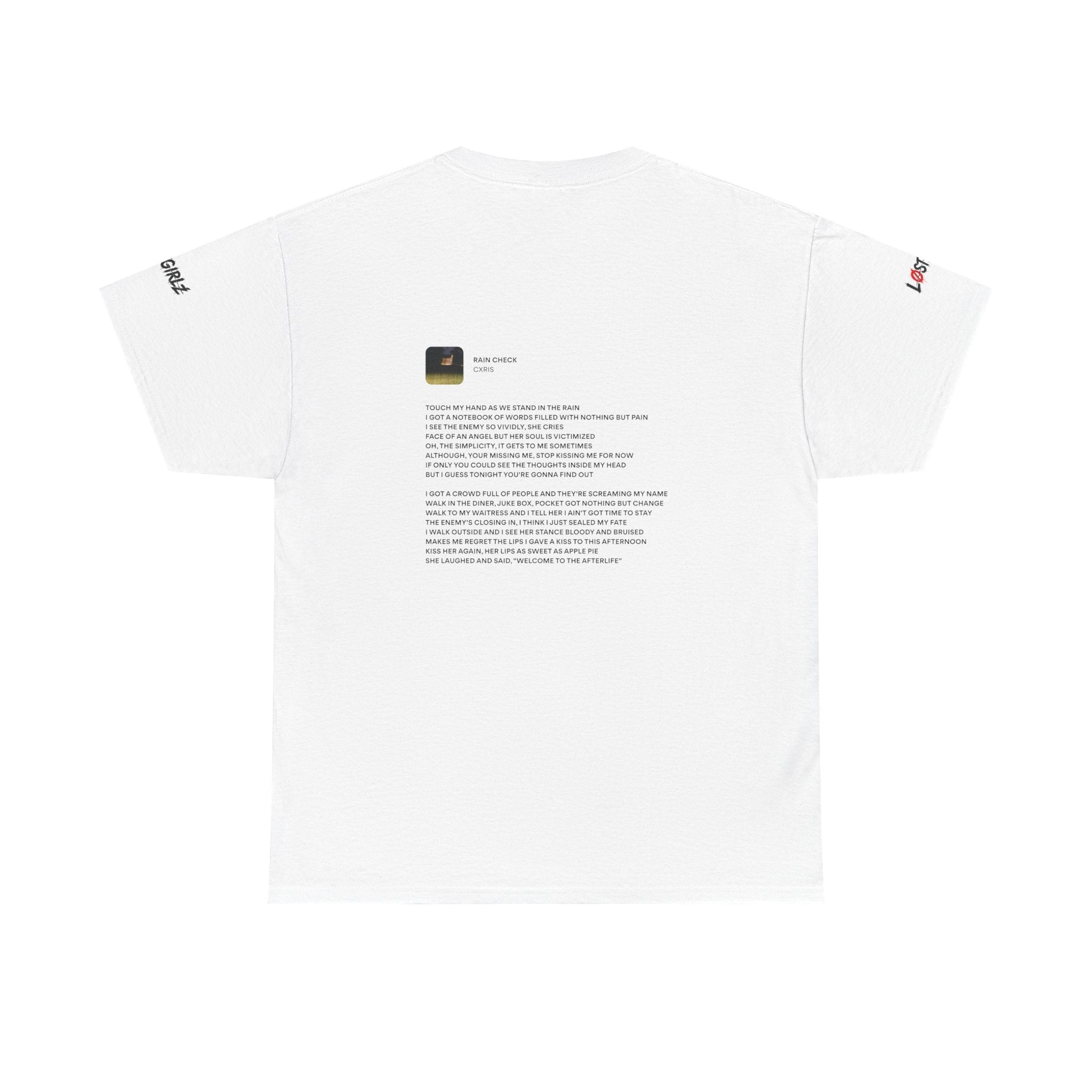 White Cxris Rain Check Tee — Lyric Print