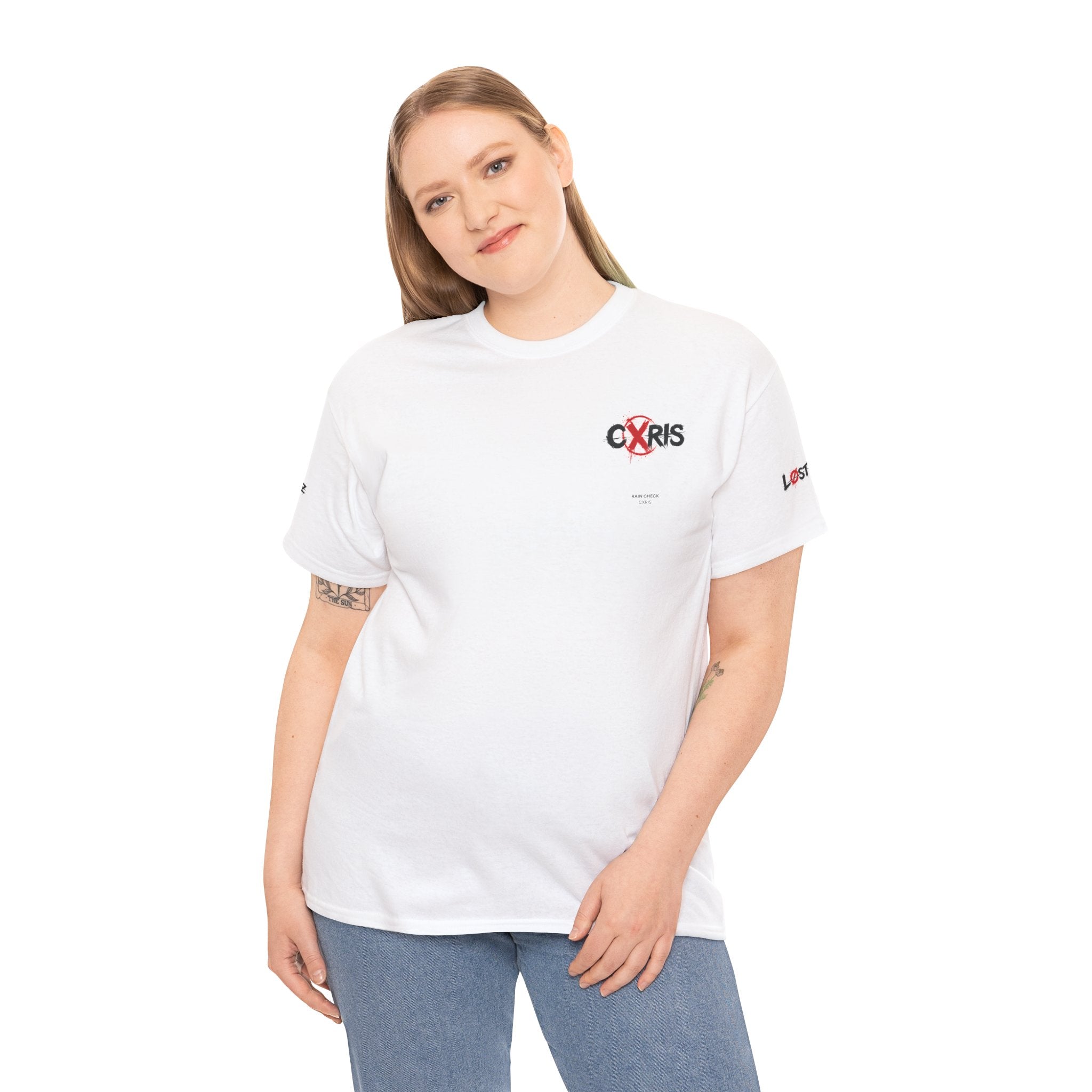 White Cxris Rain Check Tee — Lyric Print