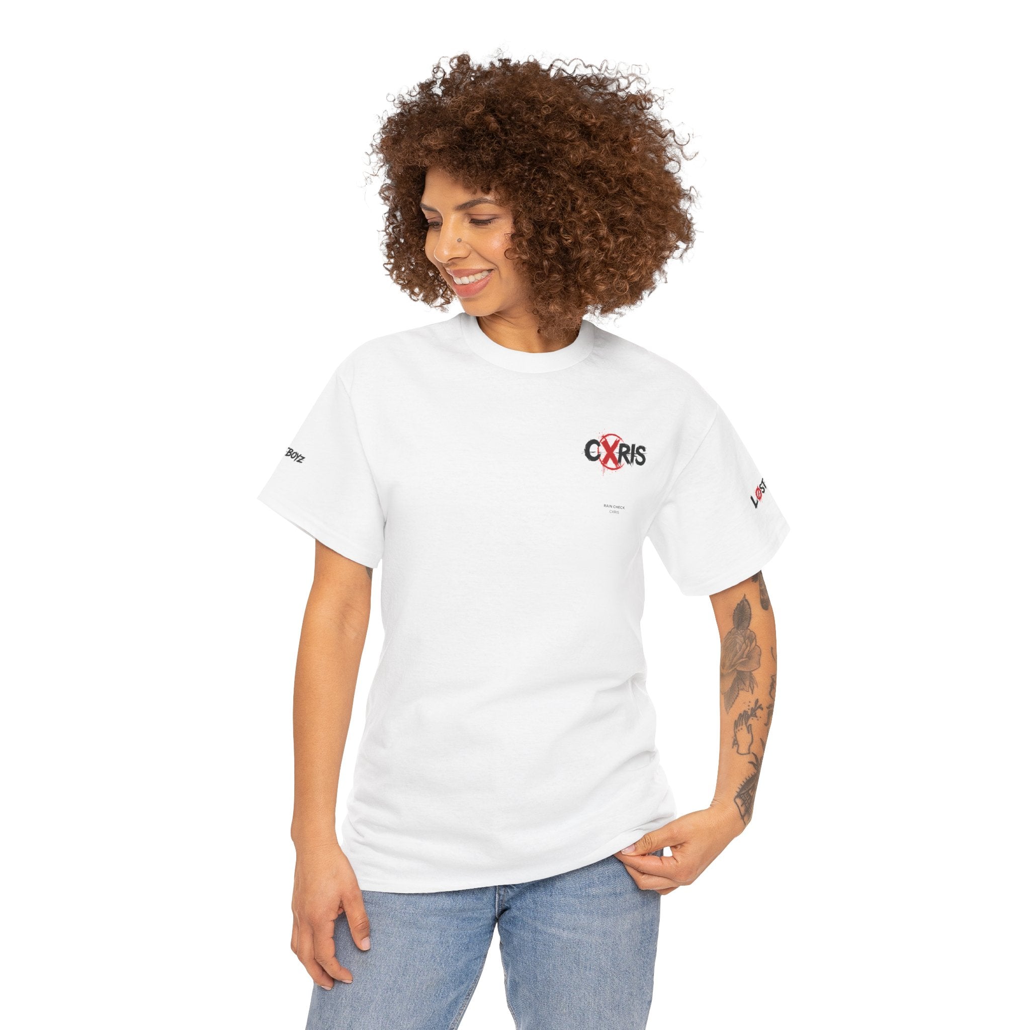 White Cxris Rain Check Tee — Lyric Print