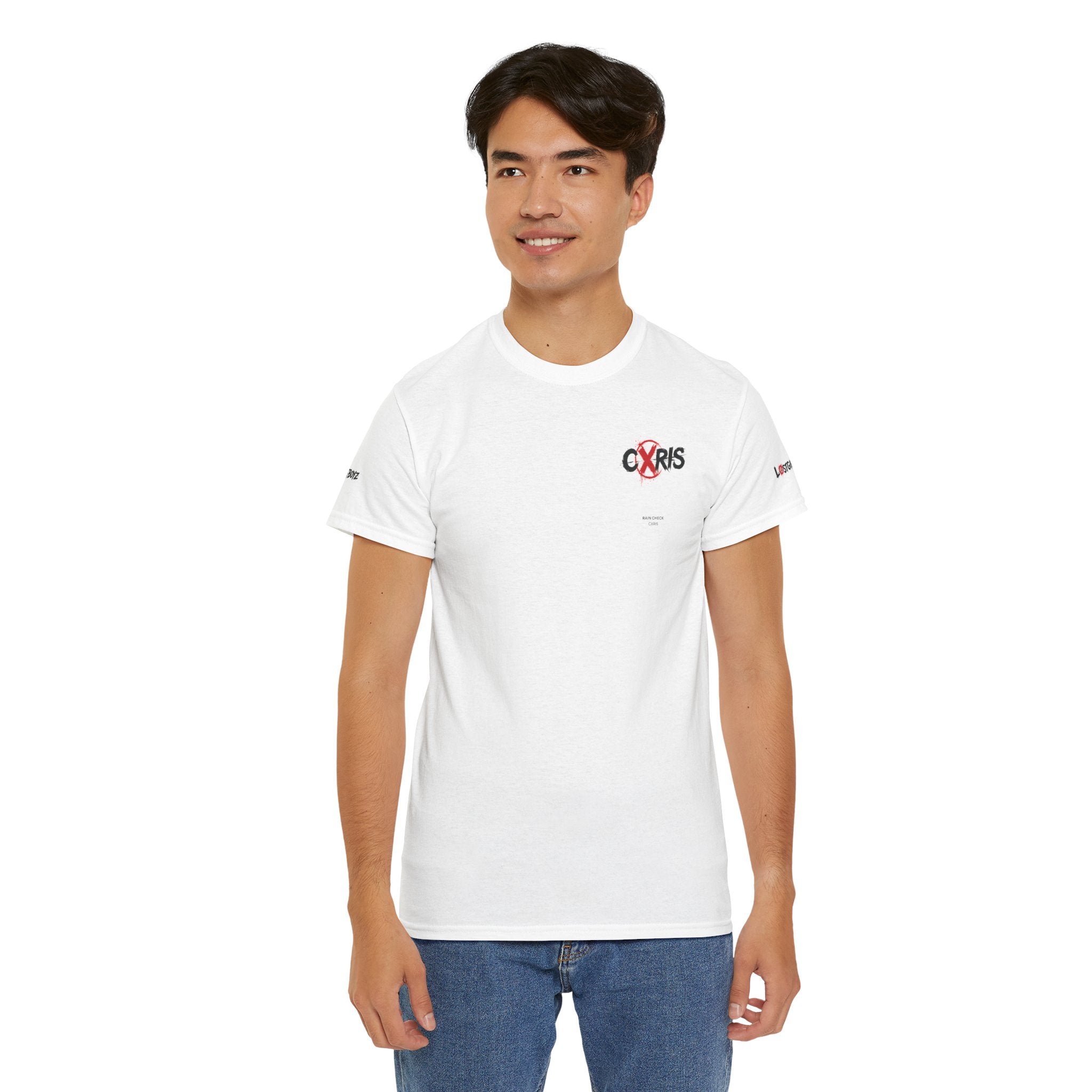 White Cxris Rain Check Tee — Lyric Print